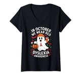 Womens In October Wear Red Dyslexia Awareness Ghost Halloween V-Neck T-Shirt