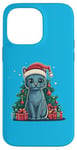 Coque pour iPhone 14 Pro Max Chat de Noël avec bonnet de Noël - Chat bleu russe