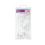 STATUS Multi Plug Extension | 4 Socket Extension Cable with 2 USB Charging Ports | 13A Surge Protected | White 2m Extension Lead | S4W2M2XUSBS12