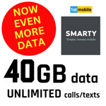 SMARTY UK sim card, UNLIMITED mins/texts, 40GB data for £10/month. PAY AS YOU GO