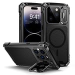 Lanhiem Coque pour iPhone 14 Pro, Métal et Rigide [Protection Caméra & Supports] Antichoc Militaire avec du Verre trempé Integrale Indestructible Chantier Etui [Compatible Charge sans Fil] - Noir