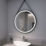 Emke - Miroir lumineux salle de bain rond diamètre 80cm cadre noir avec lanière réglable, Miroir led rond avec Interrupteur Tactile, Miroir avec