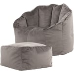 Icon - Pouf Fauteuil en Velours Sirena et Repose-Pieds, Poufs de Salon, Chambre, Adultes, Gris Anthracite