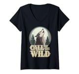 Womens Call of the Wild Howling Wolf Under Full Moon V-Neck T-Shirt