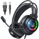 Tatybo Casque Gaming pour Ps5 PC Ps4, Casque Gamer Super-léger 285g avec Microphone, Haut-parleurs de 50mm, Bass Profondes, Lumières RGB, Casque Headphones pour Enfants et Adultes, Nior