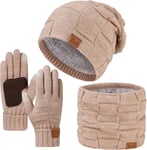 Ensemble bonnet, écharpe et gants pour homme, bonnet d'hiver thermique en laine avec doublure en polaire et écharpe de cou et gants pour écran tactile 3 en 1 Accessoires chauds de Noël.[G498]