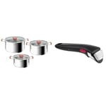 Tefal Opti’Space Lot de 3 faitouts 18/20/24 cm + 3 couvercles verre, Induction, Acier inoxydable & Ingenio Poignée amovible noire, Empilable, Verrouillage sécurité 3 points