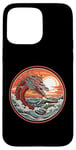 Coque pour iPhone 15 Pro Max Sea Dragon #17 Tête au-dessus des vagues Coucher de soleil rouge rétro