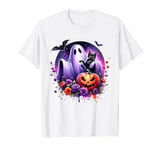 Halloween Spooky Ghost Black Cat Pumpkin Purple Flowers T-Shirt