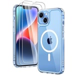 TAURI 3 en 1 Coque Magnétique pour iPhone 13/iPhone 14 [Protection Militaire] avec 2 Protecteurs d'écran [Compatible avec MagSafe] -Coque Mince 6,1 Pouces-Transparent