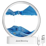 OSDUE Flowing Sand Painting Ornaments, Moving Sand Art Picture Round Glass 3D Deep Sea Sandscape in Motion Display Flowing Sand Frame, Relaxing Decoration for Desktop Home Office Work (Blue)