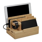 Relaxdays Charging Station, Tablet & Smartphone, iPhone, Apple Watch, H x W x D: 15 x 21.5 x 15, Bamboo, Natural