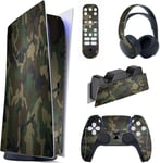 Kit De Autocollants Skin Decal Pour Ps5 Sticker Vinyle Pour Ps5 Console&manette&station De Charge&casque&télécommande Média-Édition Numérique-Camouflage Vert Armée