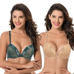 Curve Muse aux Femmes Grande Taille Ajouter 1 Tasse et demie Push up À Armatures Soutien-Gorge en Dentelle-Paquet de 2-DK Vert,Nu-85F