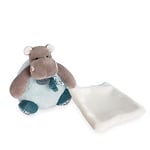 Baby Nat' - Peluche Doudou Hippopotame avec Doudou Mouchoir Plat - Idée Cadeau Bébé Garçon et Fille - Doudou Peluche Bleu - Kit Naissance - Collection Bazile - BN0530