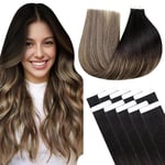 LaaVoo Extension Cheveux Naturel Adhesif Extension Adhesive Cheveux Naturel Noir à Marron Balayage Caramel Blond Bande Adhesive Extension 14 Pouces/35cm 10 Pièces/25g #1B/4/27