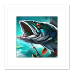 Angler Large Game Catch Fish Fishing Rod Blue Green Orange Intense Painting Square Wooden Framed Wall Art Print Picture 8X8 Inch