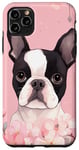 Coque pour iPhone 11 Pro Max Boston Terrier et fleurs de cerisier roses en rose