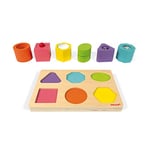 Janod - Puzzle 6 Cubes Sensoriels en Bois I Wood - Jouet d'Eveil Educatif - Apprentissage des Formes et Couleurs - Peinture à l'eau - Certifié FSC - Dès 1 An, J05332