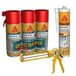 SIKA - Lot de 3x400ml, Mousse PU Moyen Format, Sika Boom 128, expansion 20L, Usage tous sens, Blanc + 1x Mastic acrylique, SikaSeal-184 Maçonnerie, spécial fissures, int/ext, Gris, 300ml + Pistolet