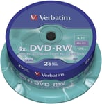 25 Verbatim Blank DVD-RW Rewritable 4X 120 mins DVD SERL Discs Spindle 43639