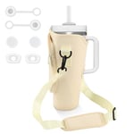 Large Capacity Water Bottle Carrier Bag for Stanley Cup, Water Bottle Carrier with 6-Piece Silicone Anti-Spill Stopper, 40oz Beige Water Bottle Holder with Strap for Hiking, Camping (Beige)