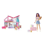 Barbie Maison Malibu 2-en-1, Maison De Poupée À 2 Étages avec 6 Pièces Transformable & Coffret Skipper Baby-Sitter Berceau avec poupée Mannequin, bébé aux Yeux endormis