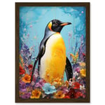 Artery8 King Penguin in Colourful Floral Flowers Nest Thick Paint Oil Painting Yellow Black Blue Colourful Artwork Framed Wall Art Print A4