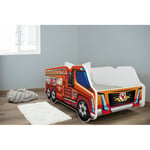 Pack complet Lit camion modèle pompier rouge Lit +sommier+Matelas & Parure+ Couette+ Oreiller - 70 x140 cm