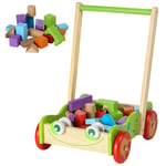 Baby Wooden Walker and Bricks Activity Block Cart Learning Toddler Colourful Toy