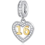 16 Yr Old Birthday Charms fit Pandora Moments Bracelet, 18K Gold Number 16 Dangle, 925 Sterling Silver 16th Anniversary Heart Pendant Bead with CZ, Gifts for Granddaugter/Grandson