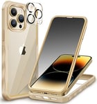 CENHUFO Anti Espion Coque iPhone 14 Pro, avec Protection écran Verre Trempé Anti Espion et Protecteur Caméra [9H Dureté] 360° Antichoc Téléphone Housse Double Face Case Intégrale Etui - Beige/Or