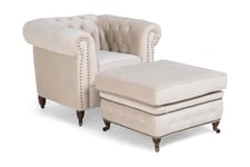 Chesterfield Deluxe Lenestol+Fotskammel - Fløyel Beige lenestol Hvit,Beige