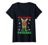 Womens Moose Funny Christmas Stop Staring At My Package Xmas Jokes V-Neck T-Shirt