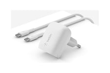 Belkin BoostCharge strømforsyningsadapter - 24 pin USB-C - 20 Watt - MFI Certified - med USB-C til USB-C kabel