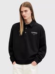 AllSaints Underground Organic Cotton Loose Fit Long Sleeve Polo Shirt, Black Black