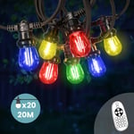 Guirlande Guinguette 20M 20 Bulbes Filament Rouge Bleu Jaune Vert avec Variateur de Luminosité et Télécommande - Guirlande Lumineuse Ampoule E27 à