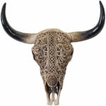 Décoshop26 - Tête de taureau décoration murale 31 cm trophée longhorn avec tribal en polyrésine intérieur/extérieur naturel 040002847