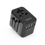 TESSAN Adaptateur Voyage Universel, Adaptateur Prise Universelle avec 3 USB et 1 USB C, Adaptateur de Voyage 2500W Prise Adaptateur Universel France vers USA UK Canada EU AUS Japon Thaïlande, Noir