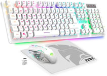 Armor Rf800 Teclado Y Ratón Para Gamers Recargable Qwerty (Layout Español) Con Mouse Pad - Rgb Wireless 2.4ghz Keyboard - 4800 Dpi Mouse - Pc Ps4 Ps5 Xbox One/Series Mac - Blanco