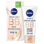 NIVEA BB Crème FPS 15 Teinte Claire (1 x 50 ml), Crème hydratante visage à l'huile de Jojoba BIO, Soin de jour FPS 15 pour unifier le teint et estomper les imperfections, hydratation 24h