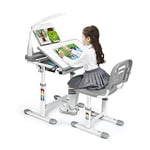 GOPLUS Bureau Enfant avec Chaise Hauteurs Réglables, Angle de Bureau Réglable 0°-40°, Lampe de Direction Ajustable, Support de Livres, Tiroir de Rangement Coulissant et Crochet, Charge 80KG (Gris)