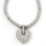 Rhodium Plated Swarovski Crystal Puffed Heart Necklace - 38cm Length/ 7cm