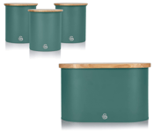 Swan Nordic Green Breadbin & 3 Canisters Matching Kitchen Storage Set