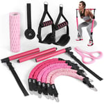 ALongSong Kit Elastique Musculation Barre de Pilates avec 6 Bandes Elastiques 30-360LBS Longueur Réglable & Ancrage de Porte Musculation Homme Femme Elastique Sport