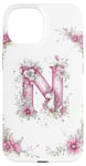 Coque pour iPhone 15 Lettre N initiale monogrammée rose florale licorne et fleurs