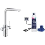 GROHE Blue Pure Minta Kitchen Sink 3 Ways Pull Out Mixer Tap with Under Sink Water Filter Magnesium & Zinc Filter Starter Set (High L-Spout 360°, Tails 3/8 Inch, Capacity 400 L, Easy to Fit), Chrome