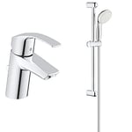 GROHE Eurosmart Single-Lever Basin tap with pop-up Waste, Plug, one Handle Basin Mixer tap, Bathroom, Regular spout, Water-Saving, Easy to Clean + Tempesta 100 Shower Rail Set | 2 Sprays