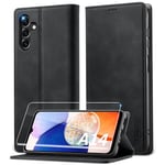 Lanhiem Coque Samsung A14 4G/5G avec Verre Trempé, Etui en Cuir PU Premium, RFID Protection Portefeuille Housse pour Samsung Galaxy A14 5G/4G Étui, Noir