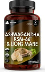 Ashwagandha KSM-66 and Lions Mane Capsules - High Strength 2000mg KSM-66 Root -